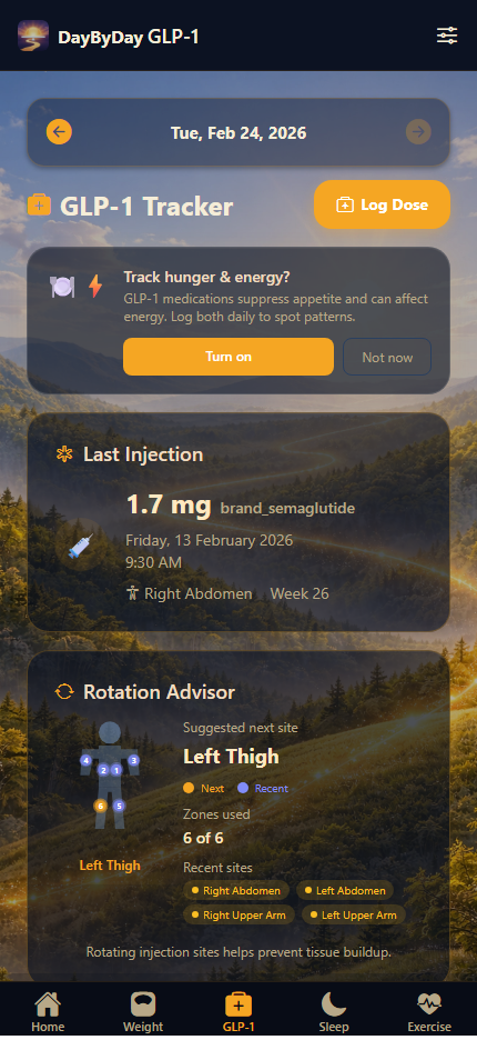 GLP-1 tab showing medication level indicator and next dose countdown