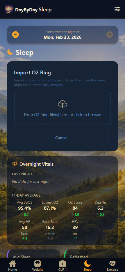 Sleep tab showing detailed O2 Ring blood oxygen trend chart overnight