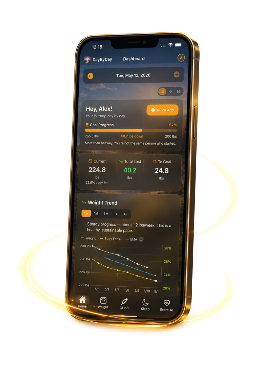 DayByDay dashboard on iPhone — sunrise scene with goal progress, weight trend, and dose tracking