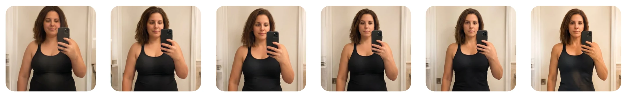 Six progress photos showing real weight loss transformation from 265 lbs in January to 224 lbs in May